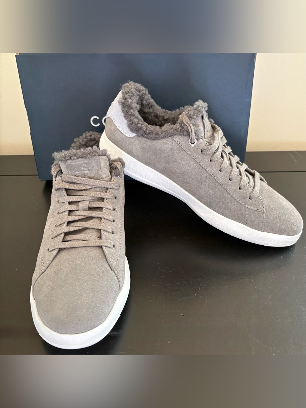 Cole Haan Grand Pro Series Sneakers Gray Faux Fur Lining New In Box Womens 10